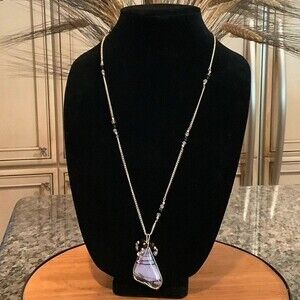 Vintage Artisan Hand Blown Glass Wire Wrapped Pendant Necklace 26” Boho